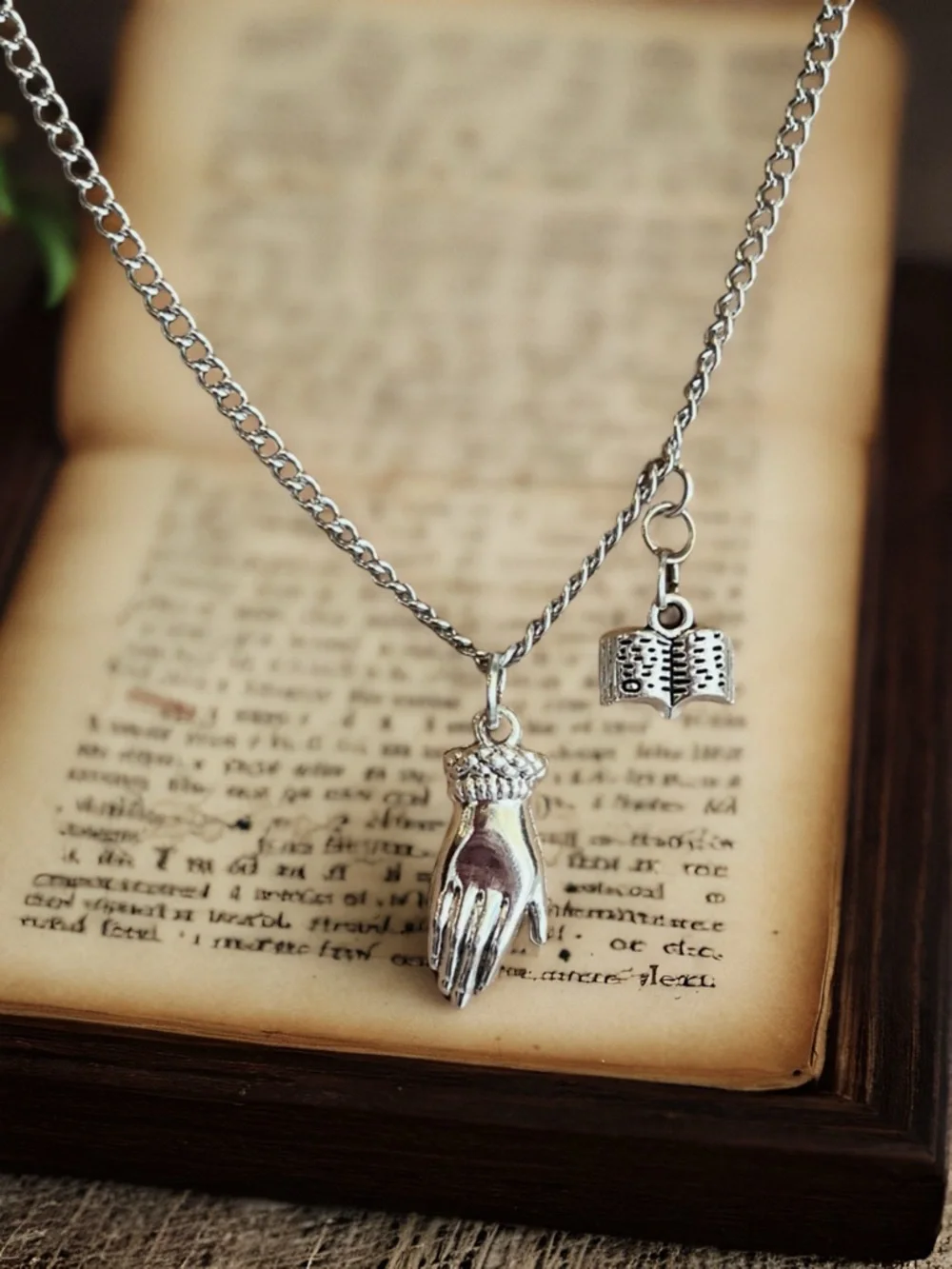 DND Wizard Silver Toned Hand Charm Necklace with Book